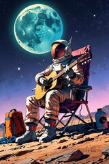 A pop art of an astronaut sitting on a camping chair at the moon playing an acoustic guitar in space 