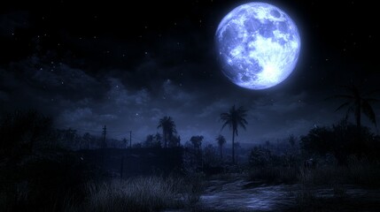 Nightfall Tropical Landscape Underneath Giant Blue Moon
