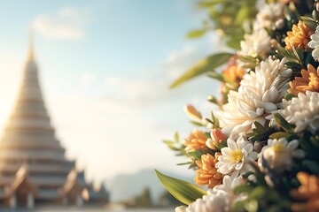 Majestic Temple with Colorful Flowers Under Bright Sky