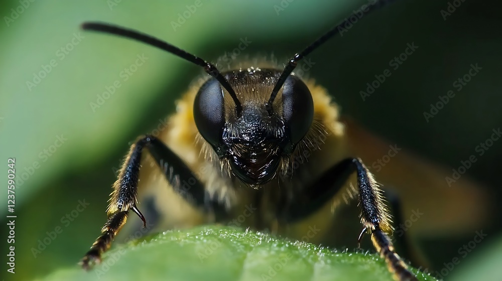 Poster closeup of a bee on a leaf with blurred natural background : generative ai
