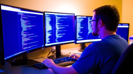 Programmer coding at multiple monitors in a dimly lit workspace, showcasing concentration and tech environment