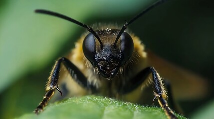 Naklejka premium Closeup of a Bee on a Leaf with Blurred Natural Background : Generative AI