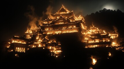 Nighttime Blaze Engulfs Ancient Asian Temple Structure