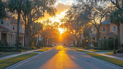 Fototapeta premium Sunset street scene, residential neighborhood, golden hour. Ideal for real estate, travel