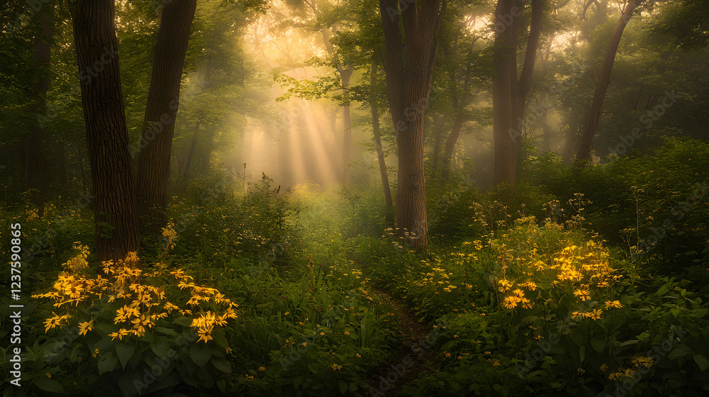 Poster a serene forest scene with sunlight filtering through trees, illuminating a carpet of green and yell