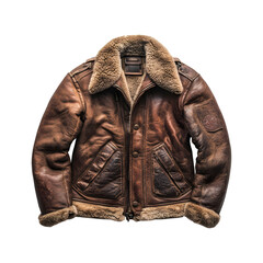Wool-Lined Aviator Jacket with Fur-Trimmed Lapels Isolated on Transparent Background
