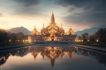 Naklejka premium Majestic Temple Reflection at Sunset in Serene Landscape Scene