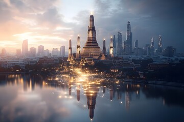 Fototapeta premium Majestic Temple Reflection at Sunrise in Urban Landscape