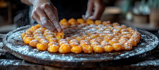 Sweet treats, market vendor, powdered sugar, outdoor setting
