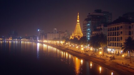 Obraz premium Nighttime Cityscape with Illuminated Pagoda and Waterfront