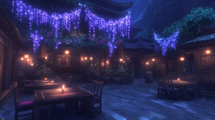 Nighttime Courtyard Restaurant Asian Style Decor Lighting