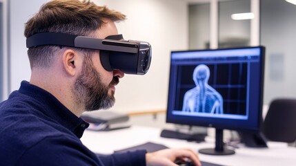 Man using virtual reality headset for anatomical study in a modern office with computer graphics