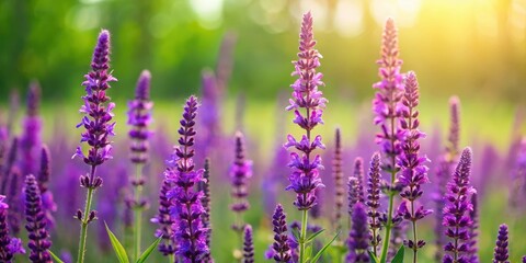 Fototapeta premium Aromatic purple flowers bloom in a lush green meadow with a subtle background color