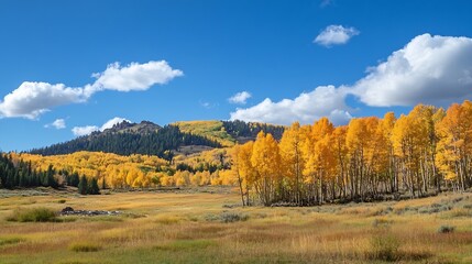 Fototapeta premium Stunning Autumn Mountain Landscape with Golden Aspen Trees and Clear Blue Sky : Generative AI