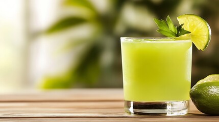 Refreshing glass of lime juice on wooden table with fresh limes in sunny outdoor setting : Generative AI