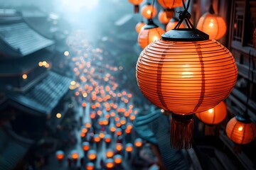 Magical Evening Glow of Lanterns in Historic Asian Village Streets