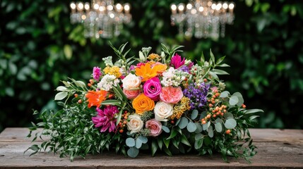 Bouquet Outdoor and Chandeliers, A vibrant floral arrangement on a wooden table, adorned with various colorful blooms and lush greenery, set against a lush backdrop with elegant lighting.