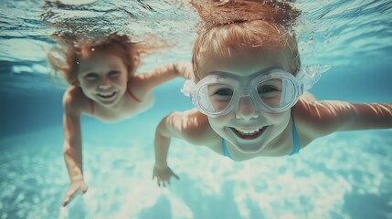 Fototapeta premium Little kids swimming in pool underwater