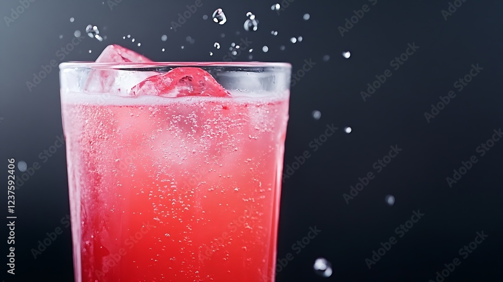 Poster refreshing pink soda with ice and bubbling effervescence against dark background : generative ai