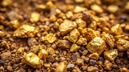Obraz premium Close-up of rough dirt with small gold nuggets, earthy tones, rocky terrain