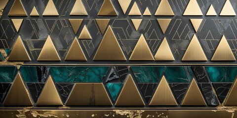 Gold and Green Triangles Arranged in a Modern Geometric Pattern on a Dark Background