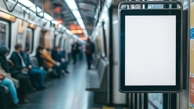 Digital ad display inside a metro train with passengers in the background. Ideal for showcasing branding, transit ads, or marketing campaigns in a realistic public transport setting