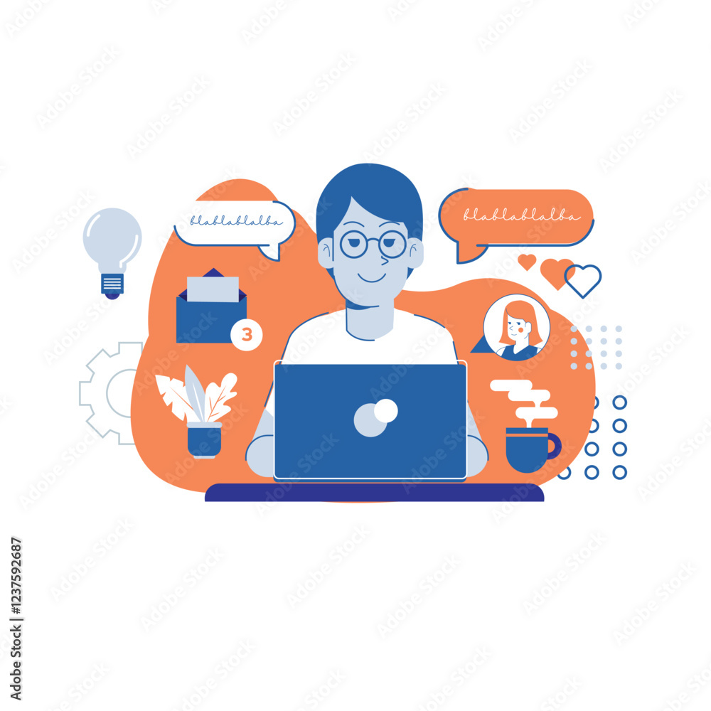 Poster a man working in front of laptop with email pop up and bohlan showing creativity, working from home 
