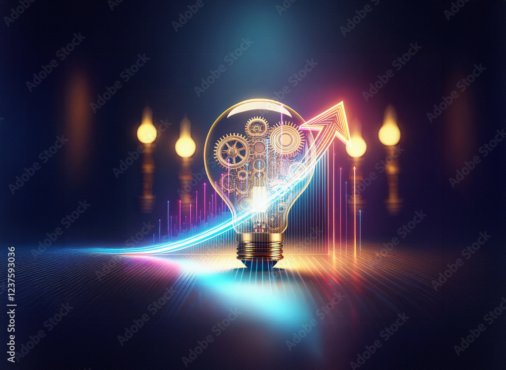 Poster a double exposure image of a lightbulb containing gears, overlaid with an upward trending graph and 