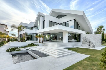 Clean concrete and angular stone elements in a white residence with an artistic yard.