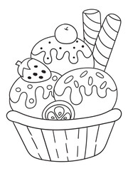 Hand-drawn ice cream coloring page in black and white. A delightful line art illustration of ice cream cones and desserts, ideal for printable coloring books and crafts.
