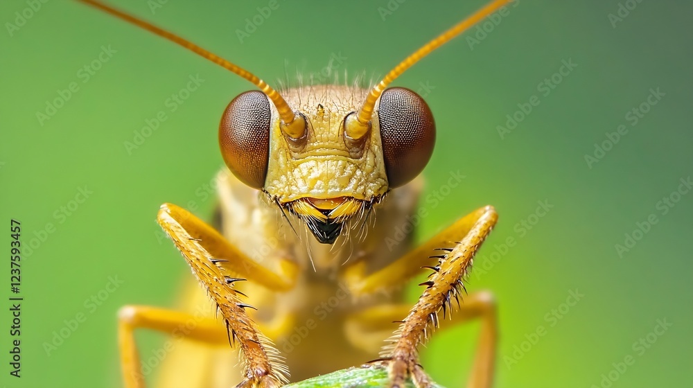 Poster close up macro shot of a green insect with detailed facial features and antennae : generative ai