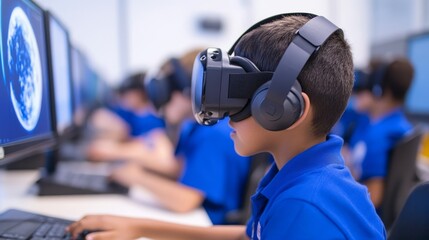 Child engaging with virtual reality technology in a classroom setting, exploring digital worlds