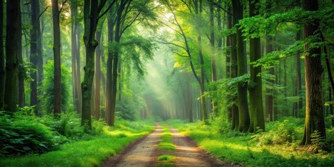 Obraz premium A serene forest landscape with dense green foliage and towering trees surrounding a solitary dirt path leading into the distance, peaceful, solitary path