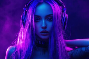 Stunning girl with violet hair in a futuristic outfit against a dark backdrop Neon purple glow Young woman wearing modern headphones enjoying music