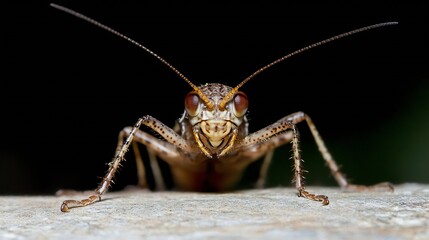 Fototapeta premium HeadOn View of a Grasshopper on Rock Surface with Antennae Extended : Generative AI