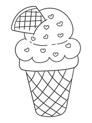 Hand-drawn ice cream coloring page in black and white. A delightful line art illustration of ice cream cones and desserts, ideal for printable coloring books and crafts.