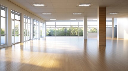 Fototapeta premium Bright and Airy Modern Room with Wooden Flooring and Large Windows Offering Scenic Views : Generative AI