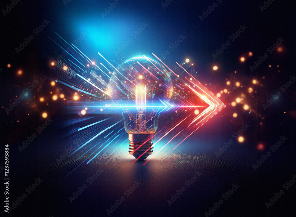 Poster a glowing lightbulb, symbolic of an idea, is depicted in a dynamic double exposure. streaks of light