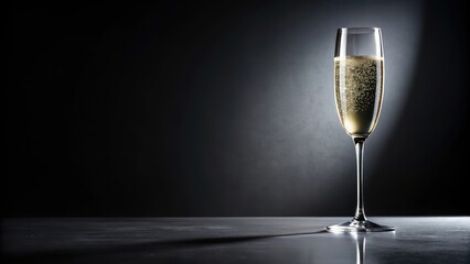 Elegant glass of bubbly champagne sitting atop a sleek black surface, surrounded by subtle shadows and refined curves