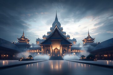 Naklejka premium Majestic Temple Structure Surrounded by Mysterious Misty Atmosphere