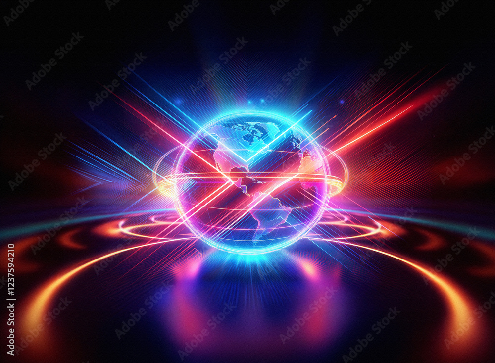 Poster a vibrant double exposure image depicts a glowing earth encircled by intersecting red and blue energ