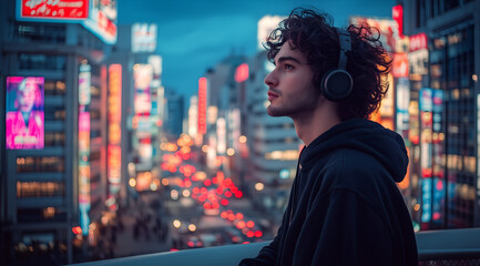 Obraz premium handsome man with headphones is standing on the balcony, gazing at the city lights and buildings. He has curly hair and wears a black hoodie. 