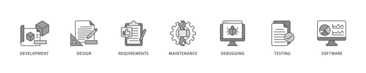 Agile icon set flow process which consists of development, design, requirements, maintenance, debugging, testing and software icon live stroke and easy to edit .
