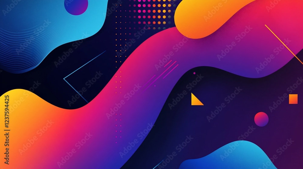 Poster abstract background with vibrant colors and geometric shapes in a dark setting