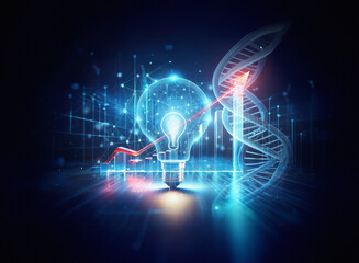 A double exposure image depicts a glowing lightbulb and DNA strand, symbolizing innovative genetic breakthroughs and scientific advancement.  The upward trending arrow suggests growth and progress.