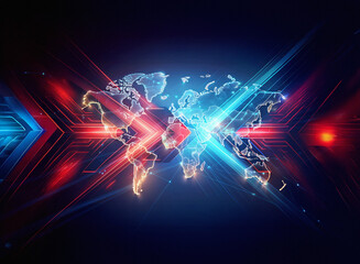 A double exposure image showcases a glowing world map intersected by dynamic, red and blue light streaks, suggesting global connectivity and technological advancement.