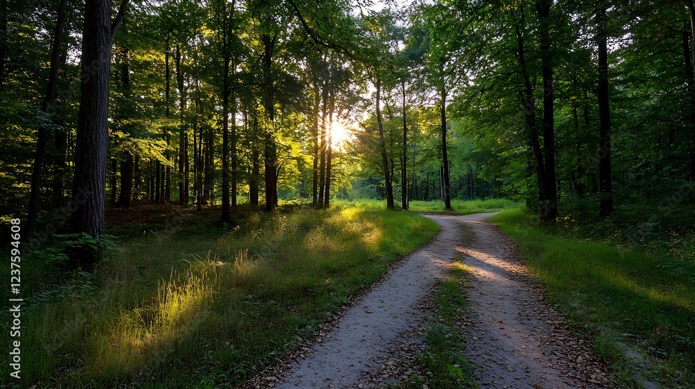 Leinwandbilder sunlight streaming through lush forest path in summer : generative ai