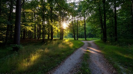 Fototapeta premium Sunlight Streaming Through Lush Forest Path in Summer : Generative AI