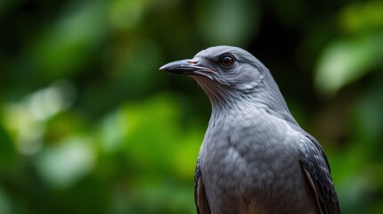Obraz premium A detailed close-up of a gray bird with a lush green background, highlighting its intricate feather patterns and captivating gaze.