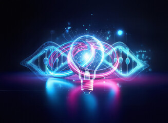 A mesmerizing double exposure image: a glowing lightbulb interweaves with a DNA double helix, symbolizing innovative breakthroughs in genetic engineering.  The vibrant blue and pink hues create a futu